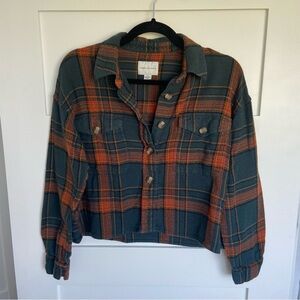 American Eagle Orange and Green Cropped Plaid Shirt